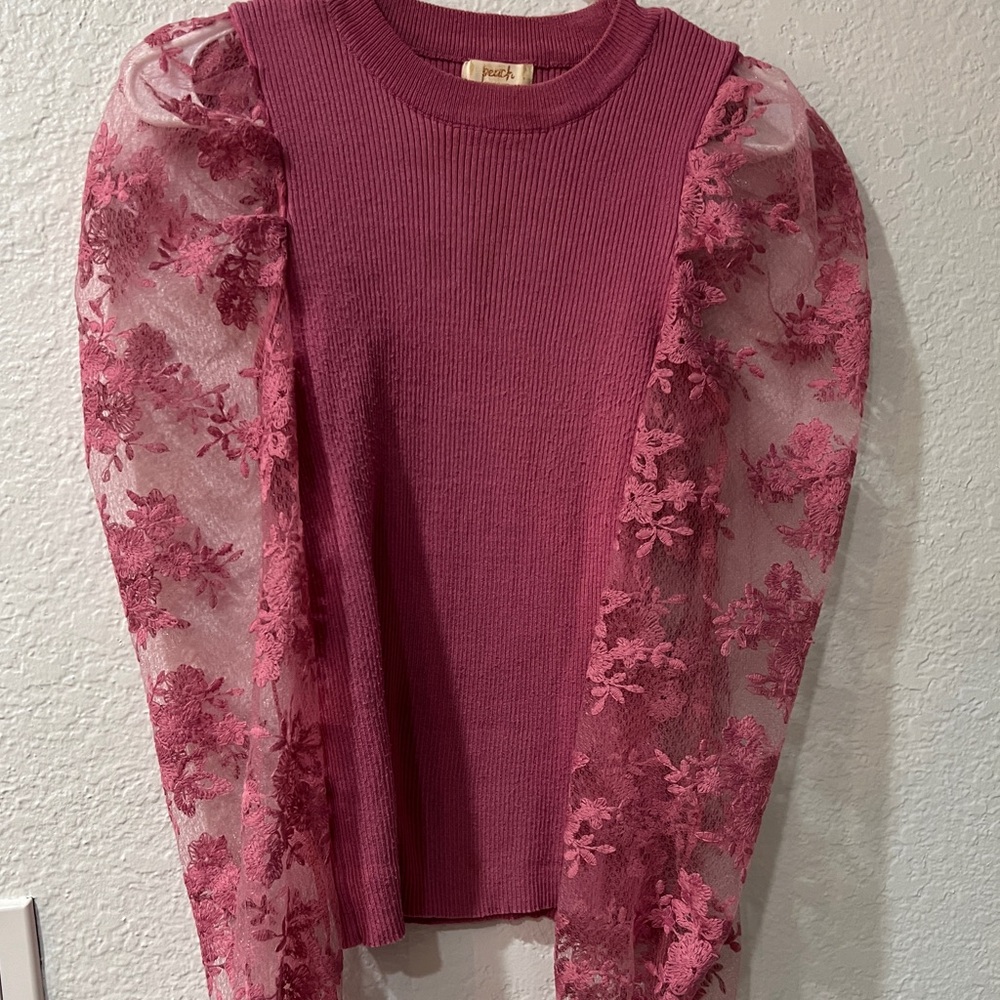 Pink Lace Sleeve High Neck Sweater Size M